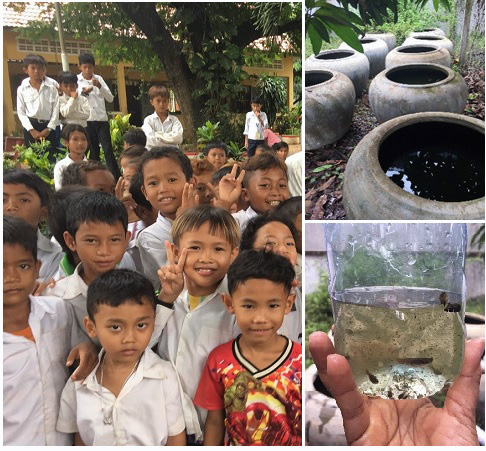 Image shows children and guppy fish collected in jars and clay pots