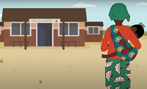 graphic image of mother and baby walking to health centre