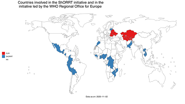 Image of a map showing countries in ShORRT initiative shown in blue and countries led by EURO